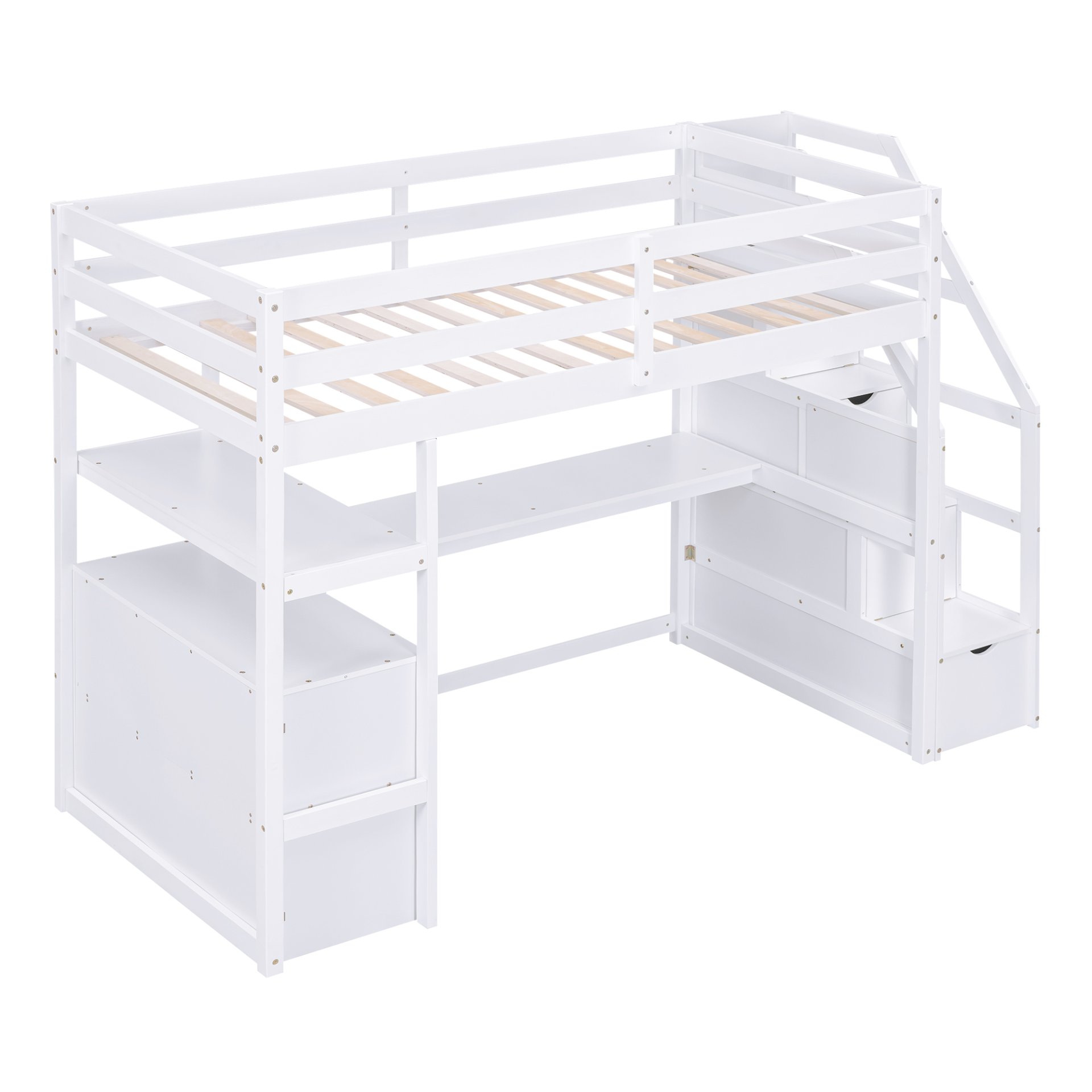 Twin Size Loft Bed With Built In Desk, Shelves, Drawers, And Storage Staircase - White - Image 6