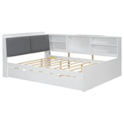 Full Size Platform Bed With Trundle, Shelves, And Storage Headboard - White