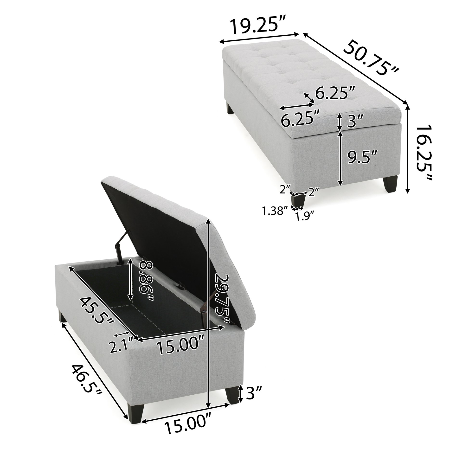 Home Mission - Upholstered Storage Ottoman Bench - Light Gray - Image 3