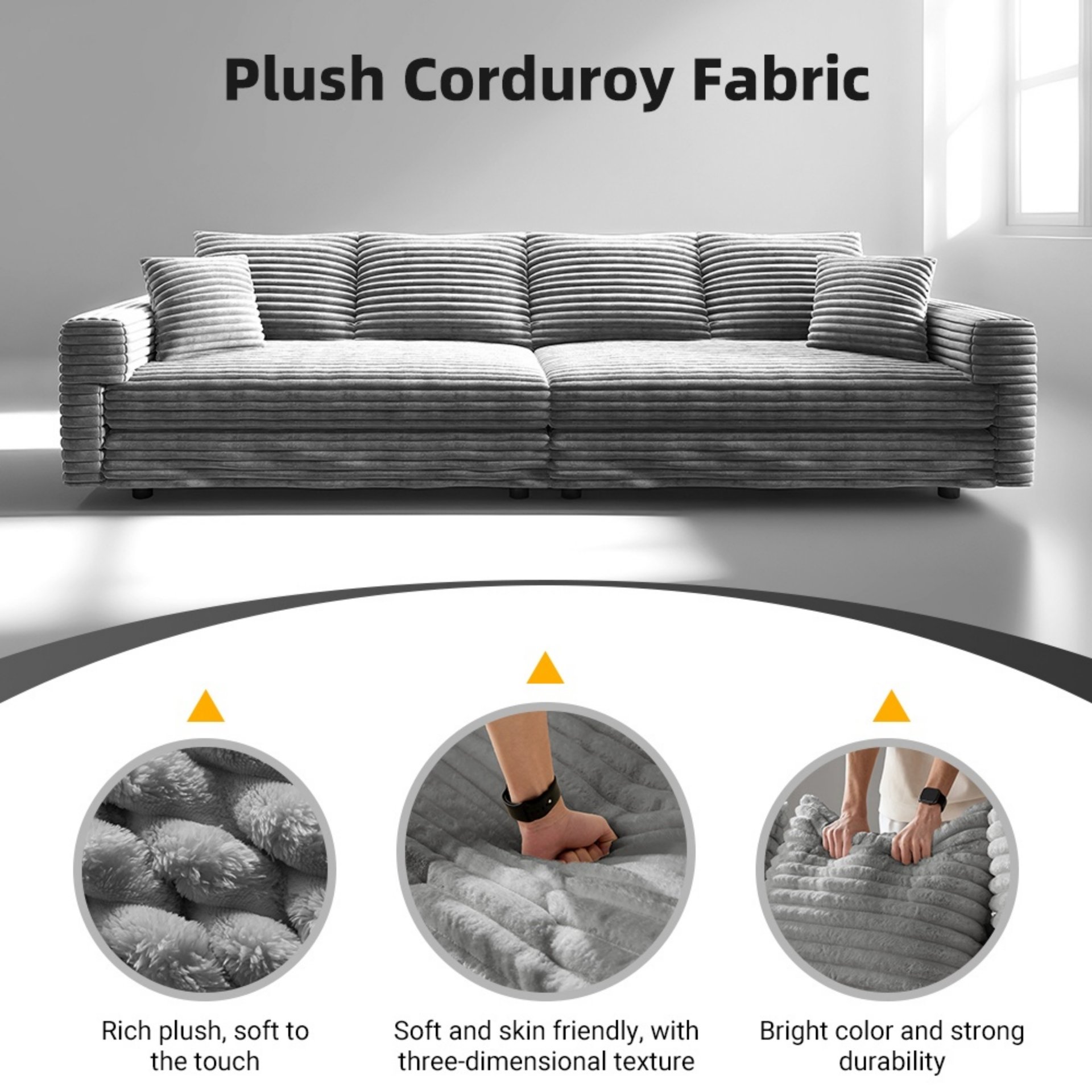 Plush Corduroy 4 Seat Sofa, Modern Comfy Upholstered Sofa Cloud Couch, Deep Seat Couches With Soft Pillows And Movable Ottoman, Convertible Sofa Lounge Chair - Gray - Image 14