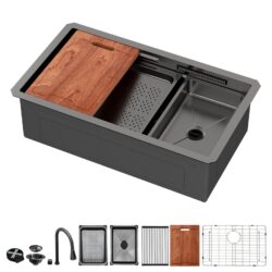 33" Undermount Stainless Steel Kitchen Sink With Pull Down Faucet & Ledge Workstation 16 Gauge T304, Single Bowl - Gunmetal Black