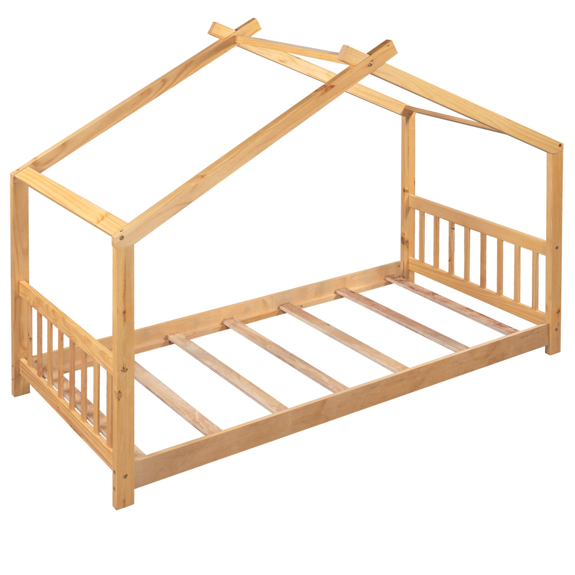 Twin Size House Platform Bed With Headboard And Footboard, Roof Design - Natural - Image 5