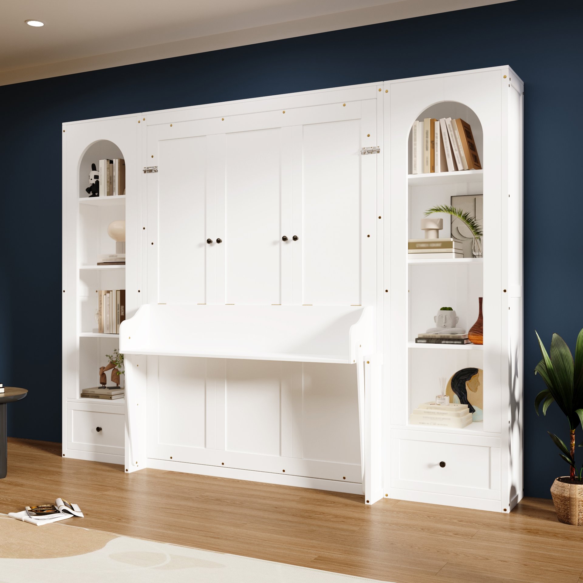 Queen Size Murphy Platform Bed With Shelf, Side Cabinets, Drawers And LED - White - Image 5