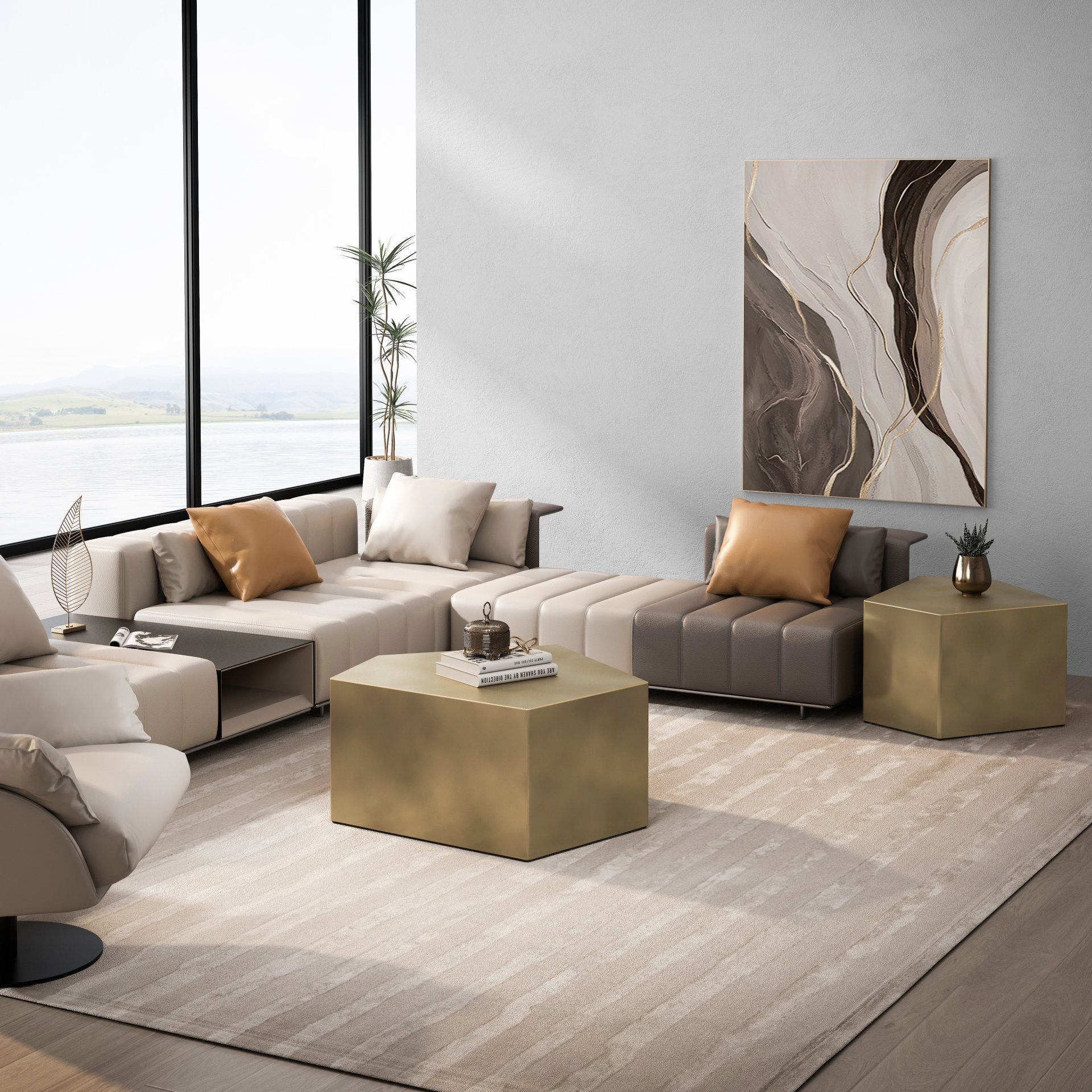 Irregular Pentagon Nesting Coffee Table Set, Geometric (Set of 2) - Antique Gold - Image 6