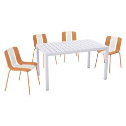 4 Piece Set Of Striped Color Blocking Single Chairs With Long Table - Beige / Tropical Orange / White
