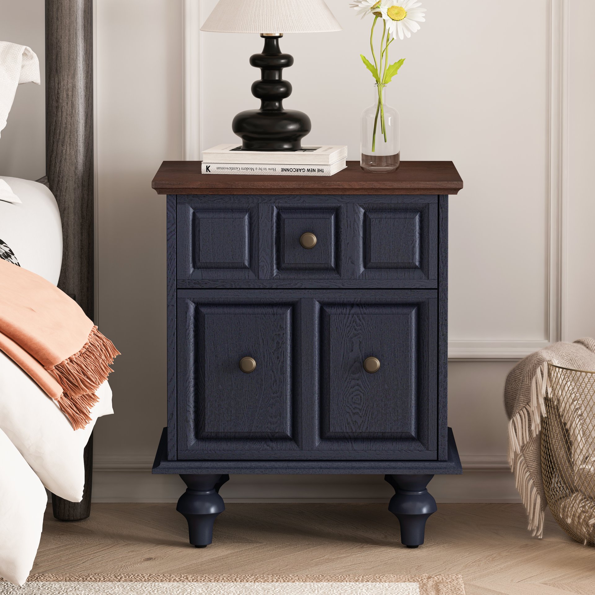 Nightstand With 2 Drawers And Roman Column Legs - Dark Blue - Image 7