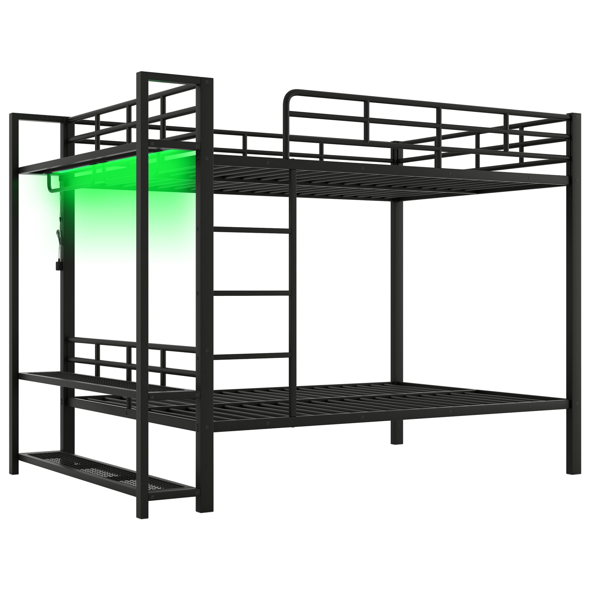 Full Size Bunk Bed With Storage Mesh Shelves, Clothes Hooks, LED Light - Black - Image 11