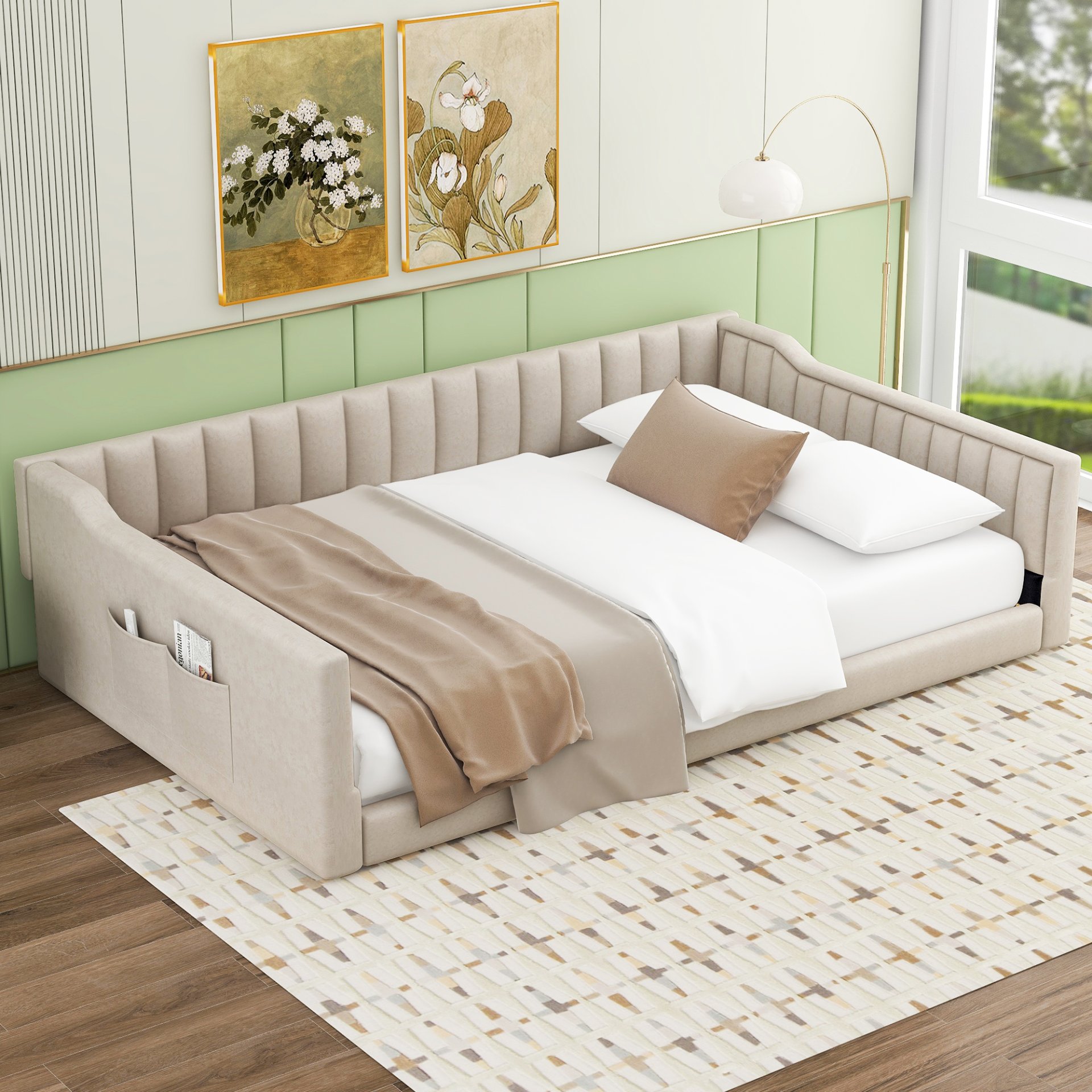 Full Long Upholstered Daybed With Side Storage And Tapered Legs - Beige - Image 2