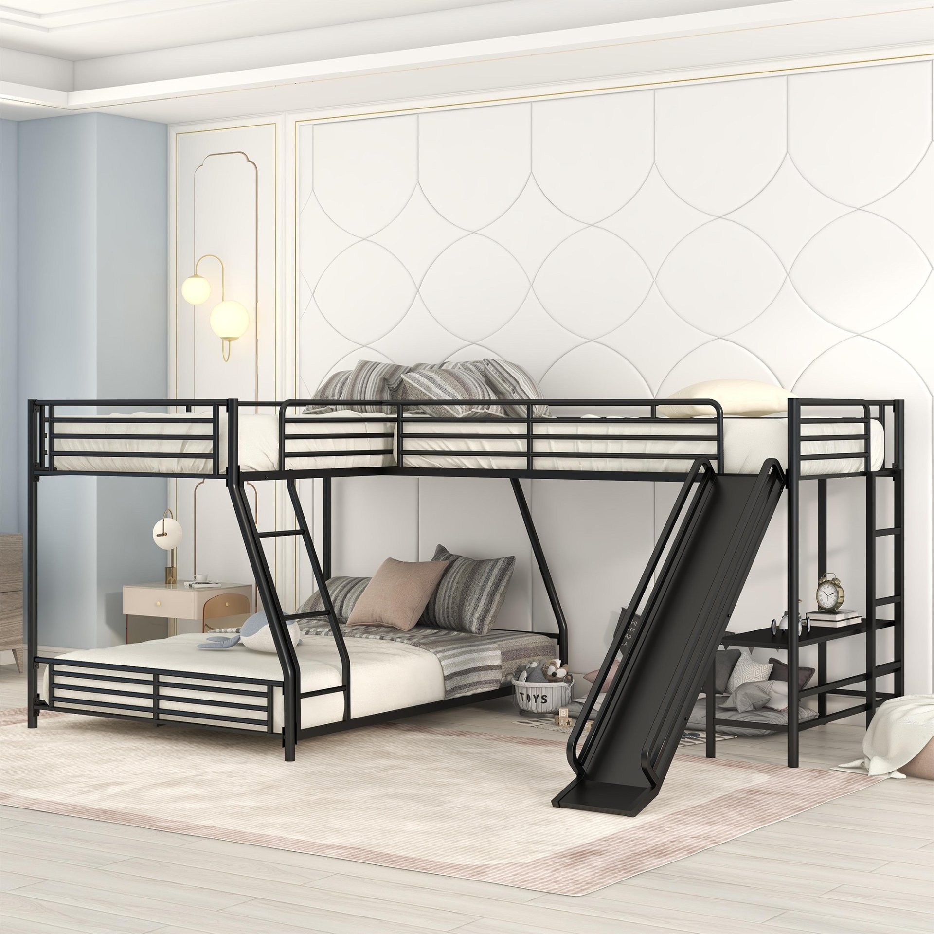 L-Shaped Twin Over Full Bunk Bed With Twin Loft, Built In Desk And Slide - Black - Image 4