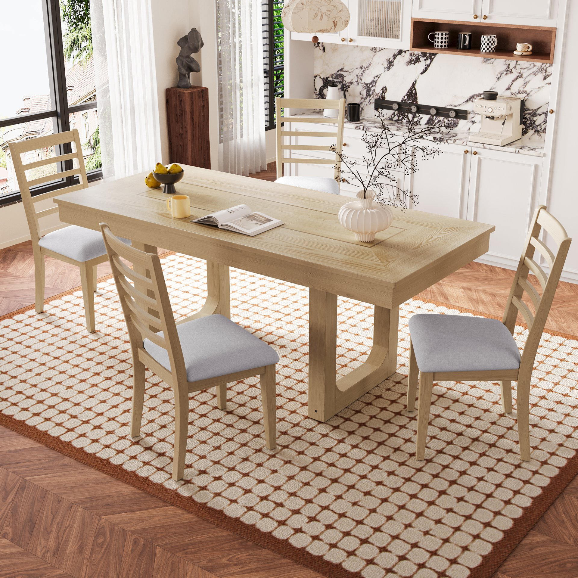60 To 78", Extendable Dining Table, Farmhouse Wooden Kitchen Table With Removable Leaf, Seats 4 - 8 - Natural - Image 6