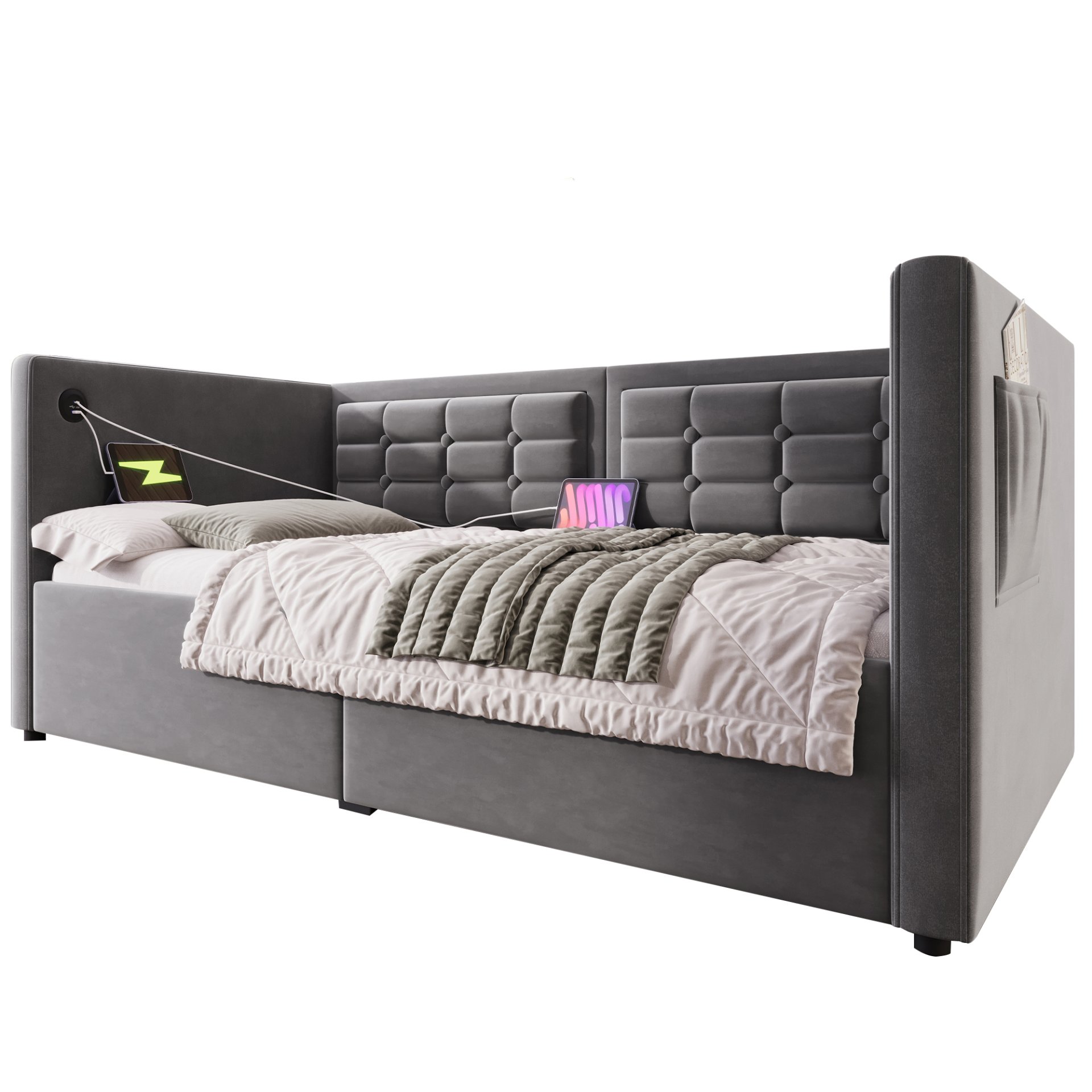 Twin Size Upholstered Hydraulic Storage Daybed With USB & Type C Charging - Gray - Image 8
