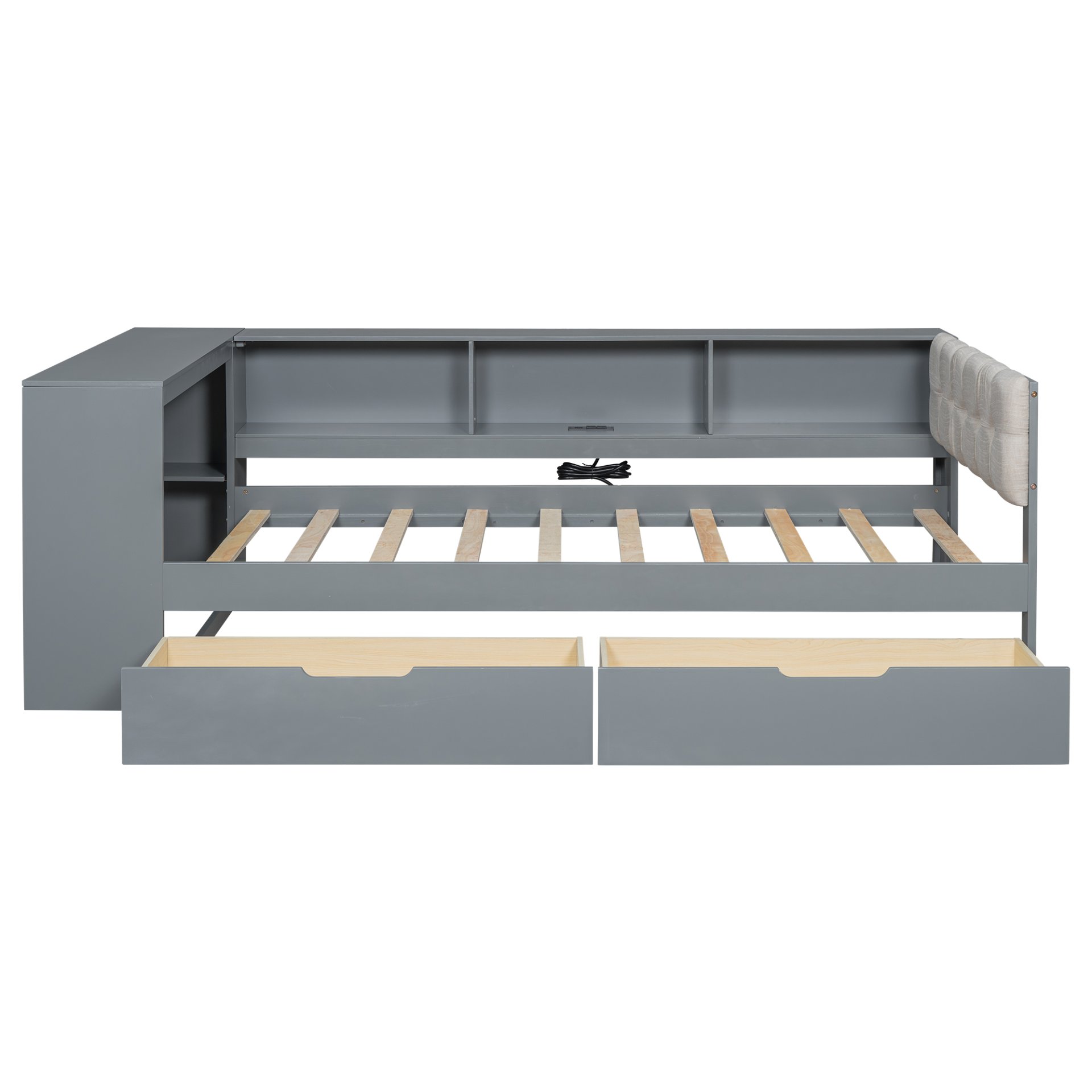 Upholstered Headboard Twin Size Platform Bed With Storage Shelves, Drawers, Charging Station - Gray - Image 10