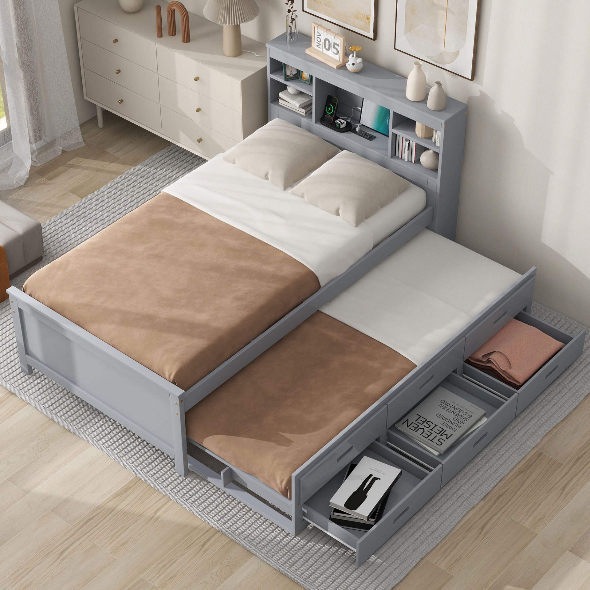 Twin Size Platform Bed With Storage Headboard, USB, Trundle And 3 Drawers - Gray - Image 6