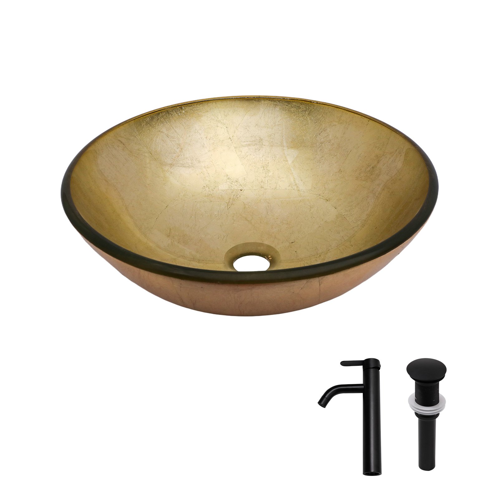 Textured Vessel Sink With Faucet And Pop Up Drain, Round Bowl For Bathroom Vanity - Gold - Image 8