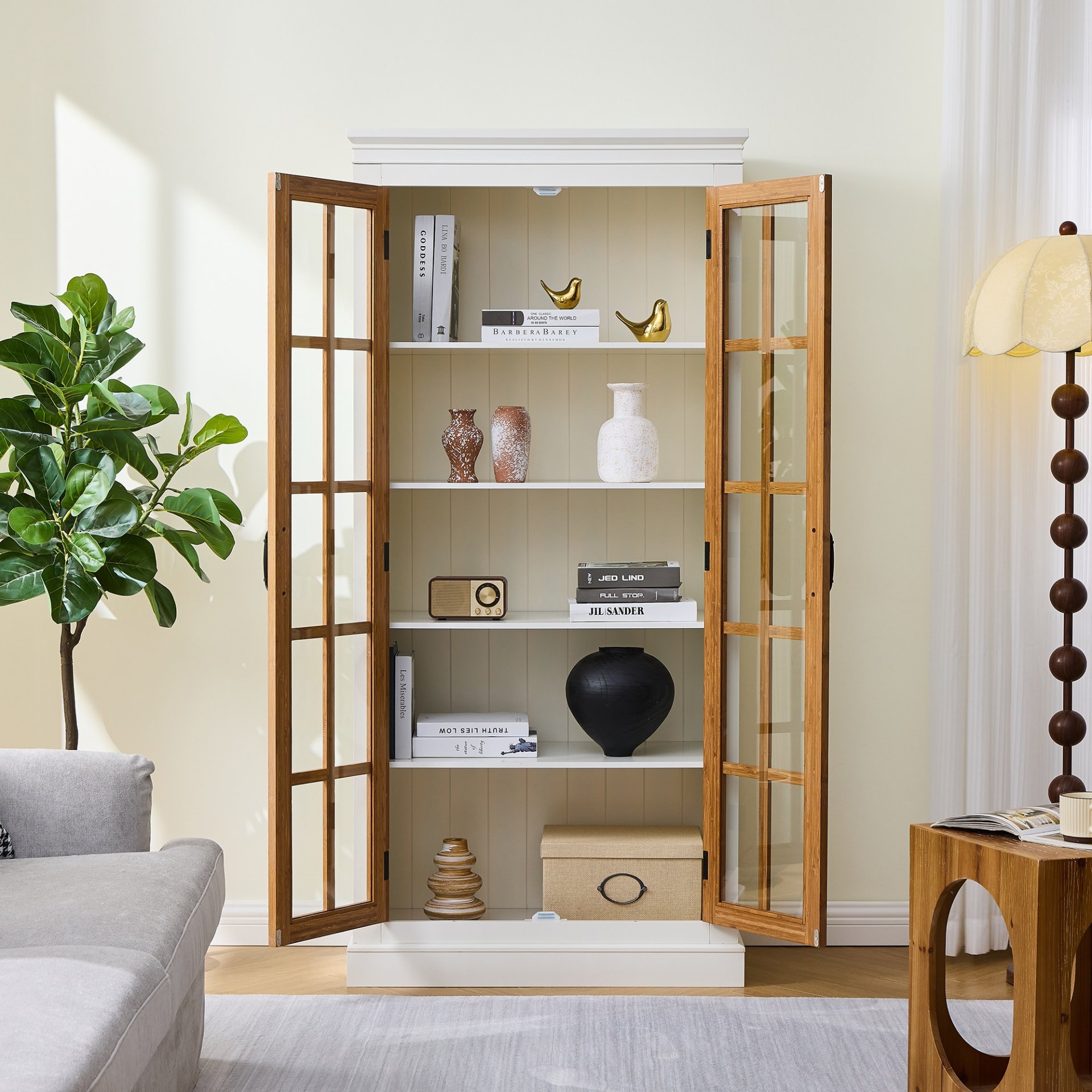 Rustic Style Display Cabinet With Glass Doors For Collectibles & - Brown / Cream White - Image 6