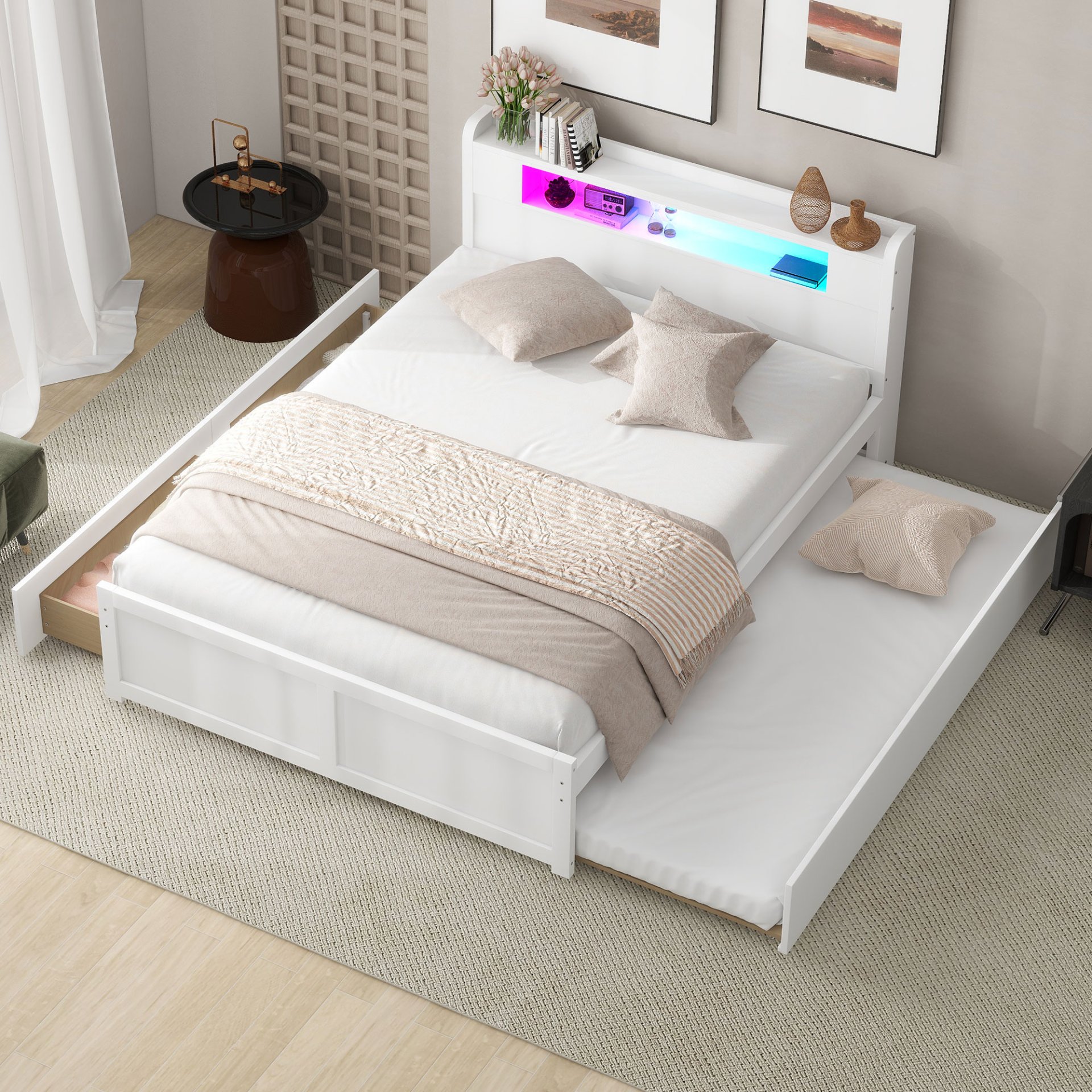 Queen Size Storage Platform Bed With LED Lights, 2 Drawers And Twin Trundle - White - Image 2