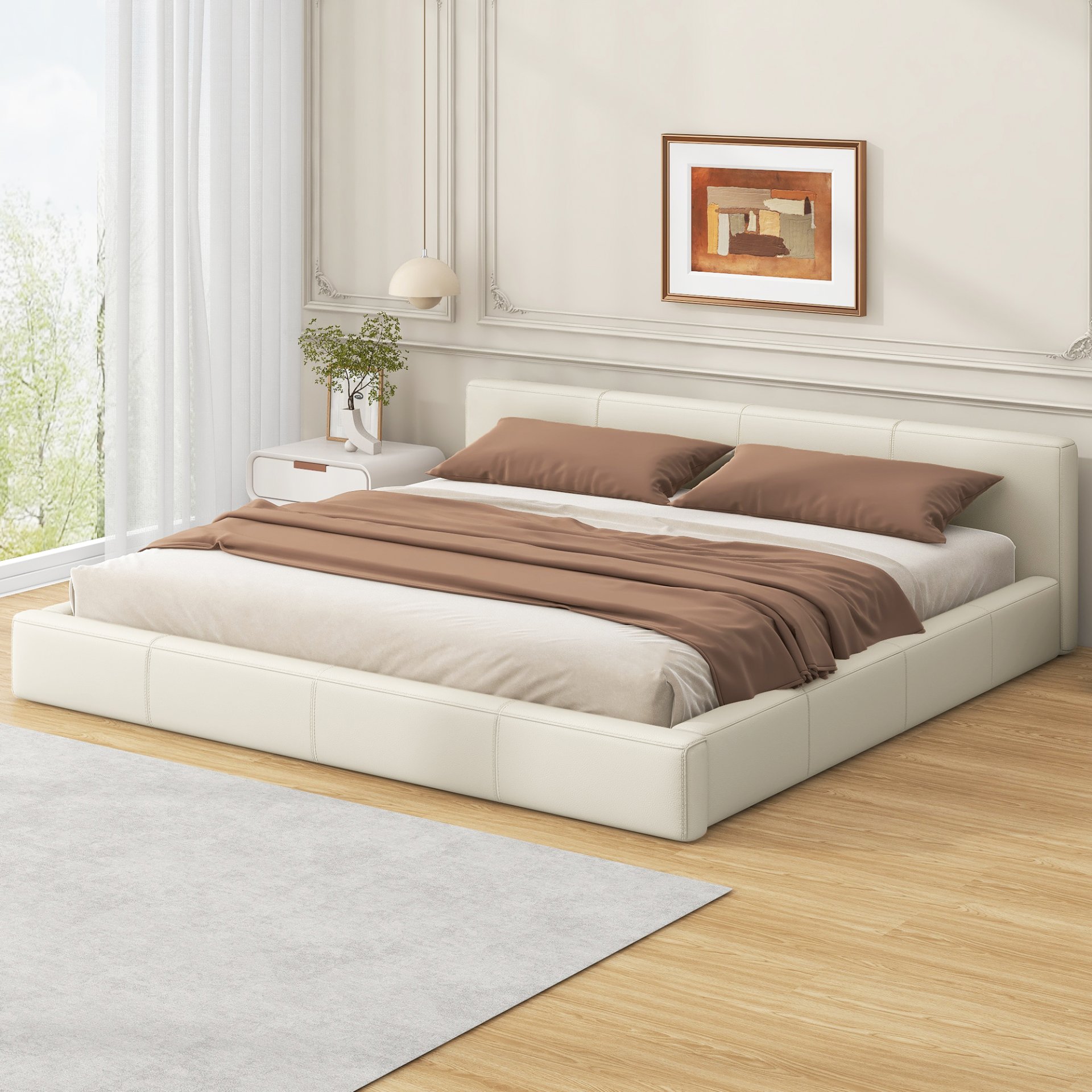 King Size Upholstered Bed With Minimalist Design - Beige - Image 3