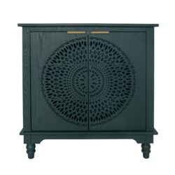 Hollow Carved 2 Door Accent Cabinet With Adjustable Shelf, Sideboard Buffet For Entryway, Living Room Or Bedroom - Blackish Green