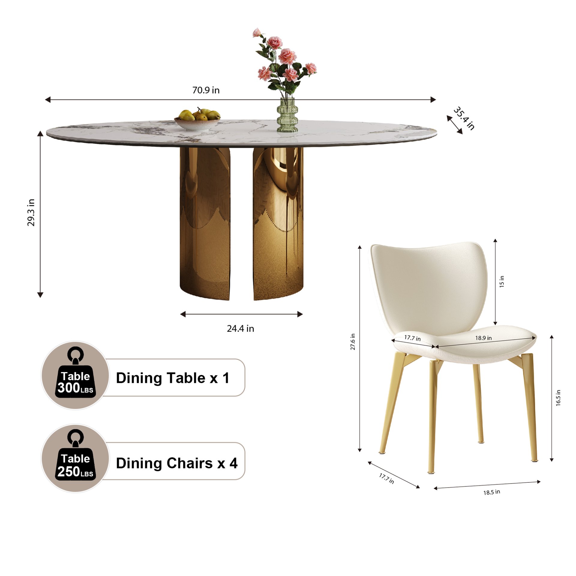 Oval Sintered Stone Dining Table With 6 Chairs - Brown / White - Image 3