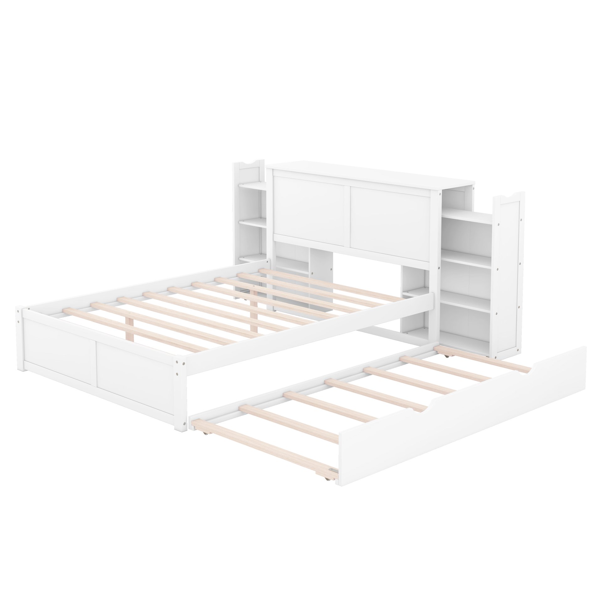 Full Size Storage Platform Bed With Pull Out Shelves And Twin Trundle - White - Image 15