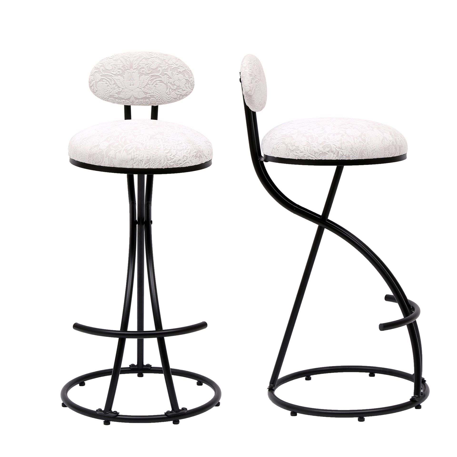 Round Print Bar Stools (Set of 2) Metal Upholstered Chairs For Kitchen Island & Dining Rooms - Black & White Print - Image 18