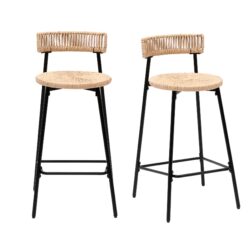 Hand Woven Bar Stools With Back (Set of 2) Paper Rope Round Barstools With Footrest For Kitchen Island & Dining Rooms - Black / Honey
