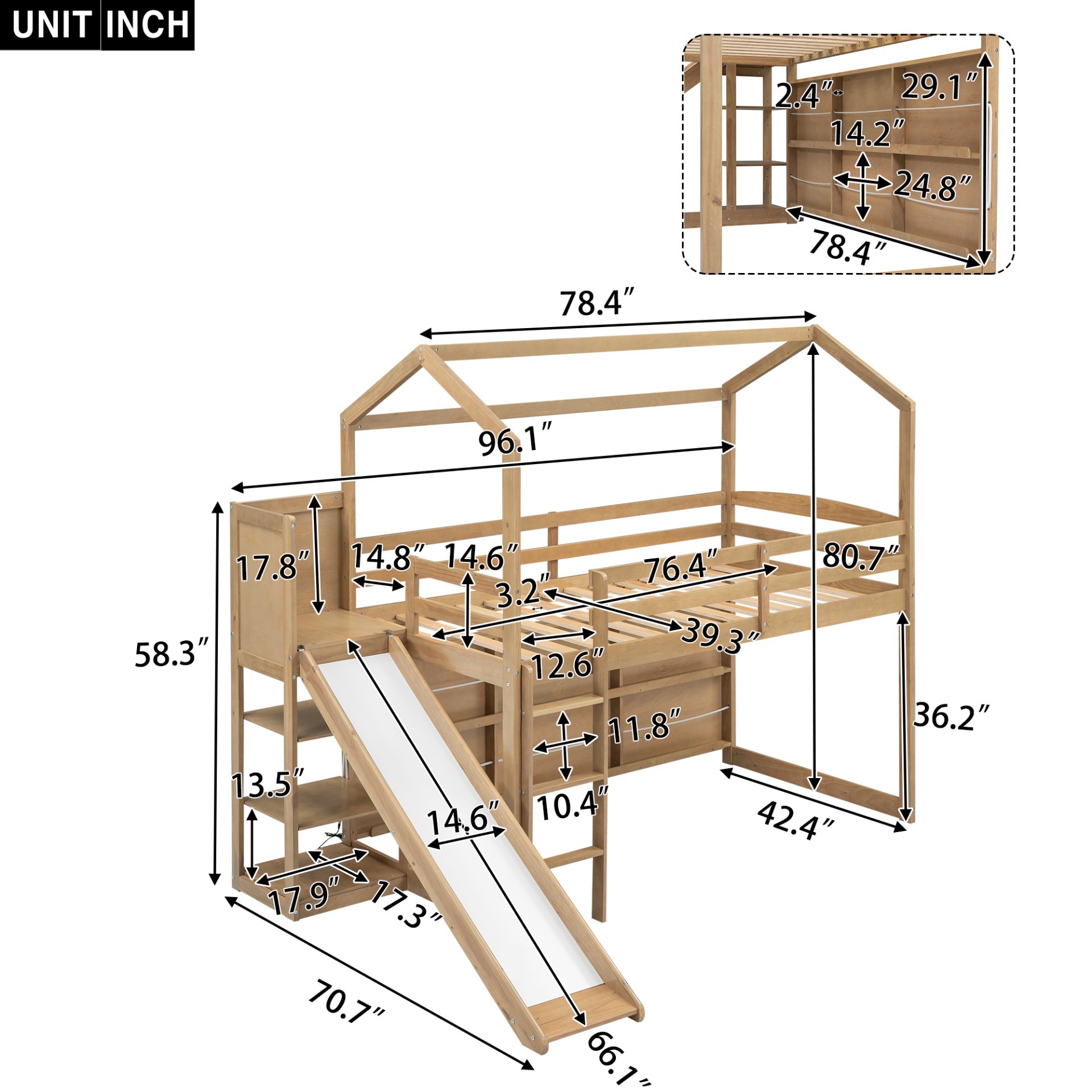 Twin Size House Loft Bed With Slide, Storage Shelves And Light, Climbing Ramp - Wood - Image 3