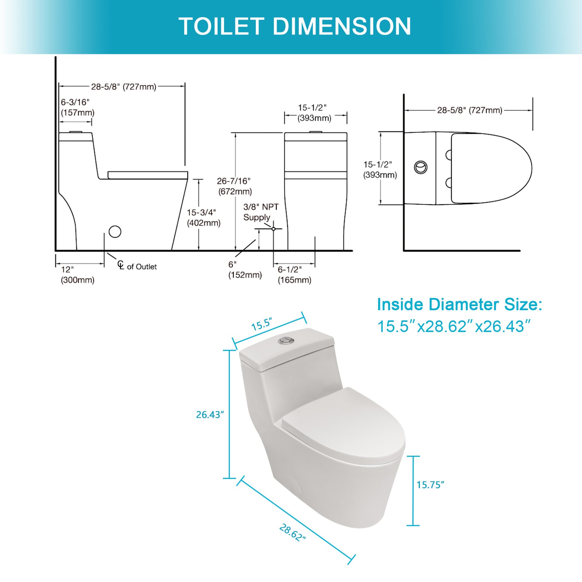 1 Piece Toilet, Dual Flush, Soft Closing Seat - White - Image 3