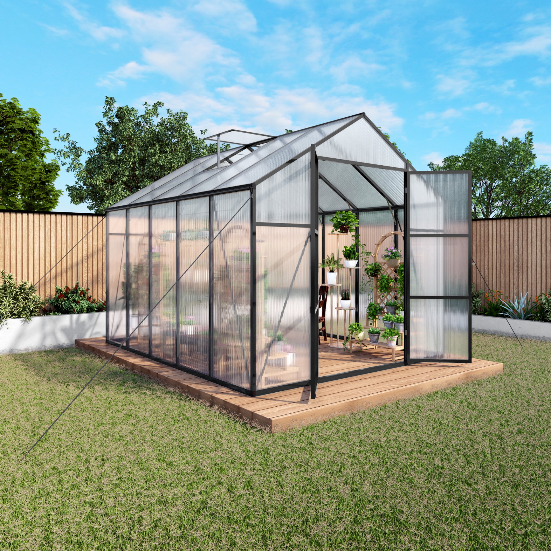 Frame Greenhouse 8 X 10 Ft Polycarbonate Heavy Duty Walk In Garden Greenhouse For Backyard In All Seasons - Black - Image 10