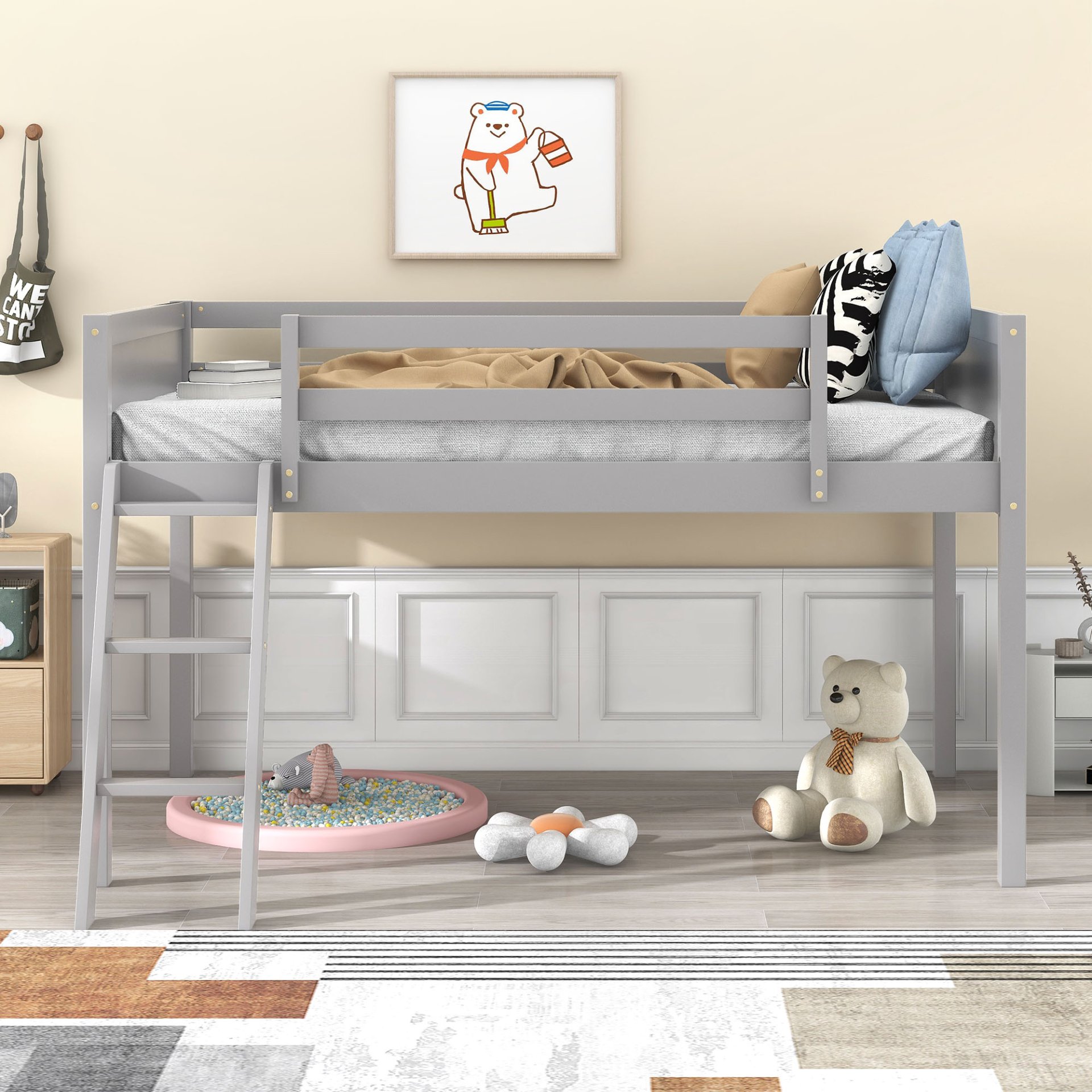 Twin Size Low Loft Bed With Adjustable Ladder - Gray - Image 2