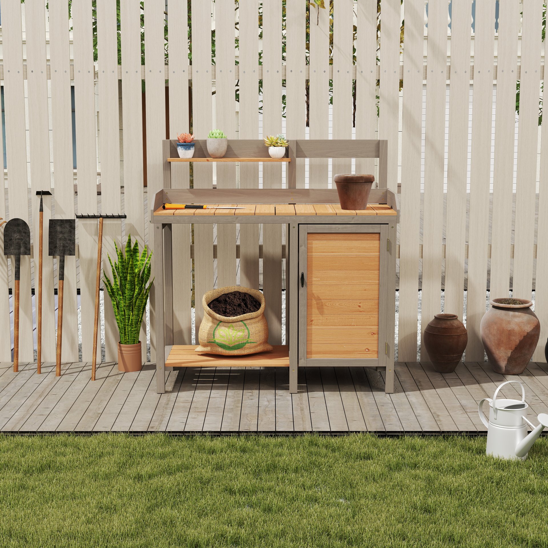 Outdoor Potting - Bench, Workstation Table With Cabinet For Backyard Garden Supplies - Brown / Gray - Image 5