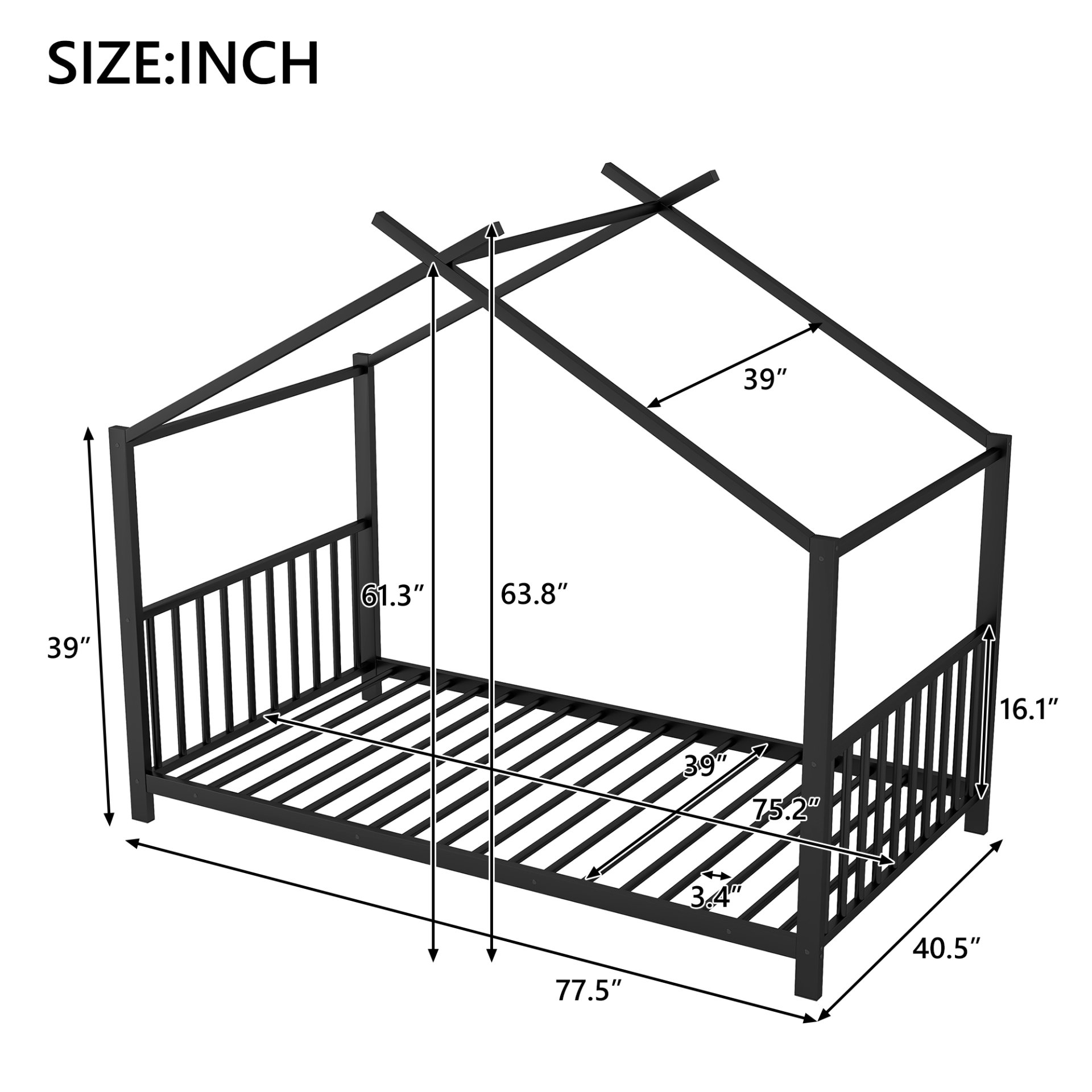 Twin Size House Platform Bed - Black - Image 3