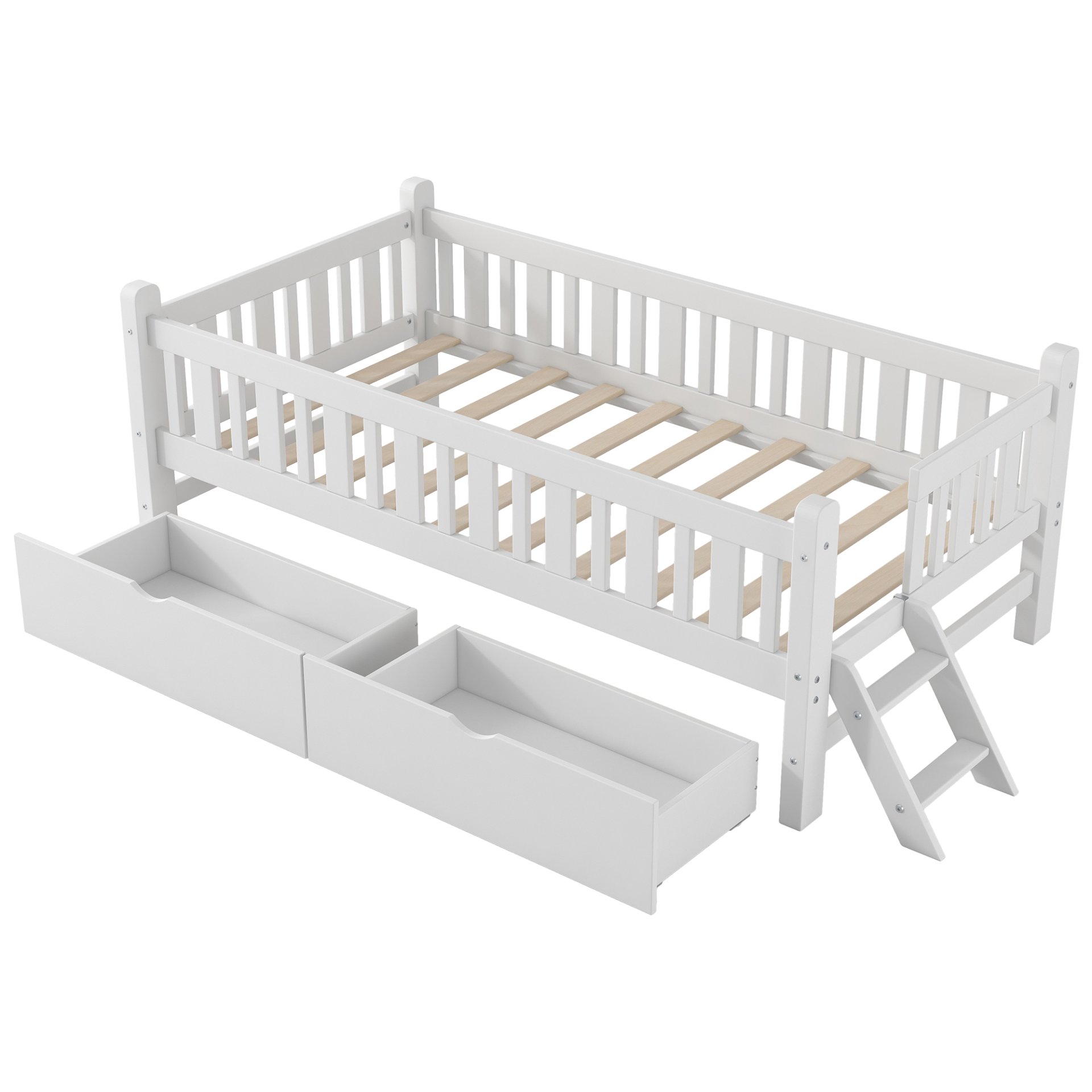 Twin Size Platform Bed With Guardrail And 2 Drawers - White - Image 6