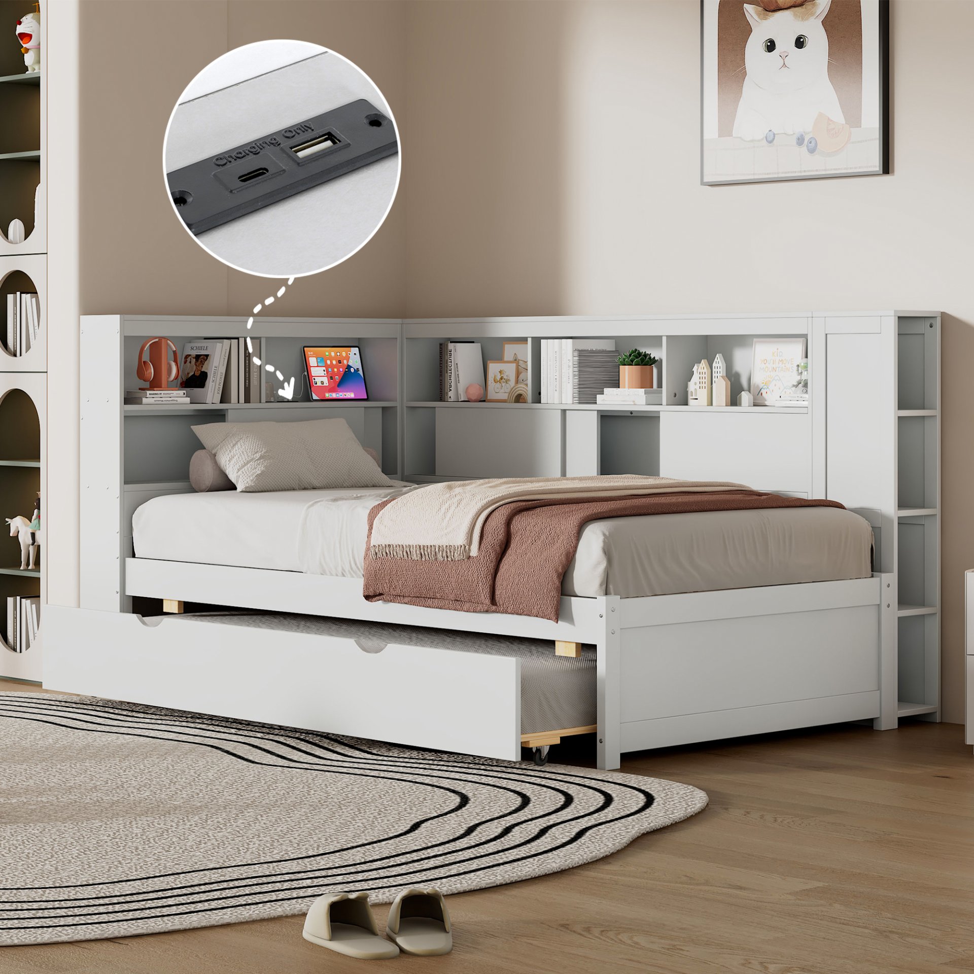 Twin Size Daybed With Storage Shelves, USB Charging, And Trundle Bed - White - Image 2