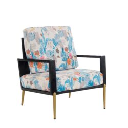Floral Armchair With Wood Frame - Antique Blue / Black / Flower