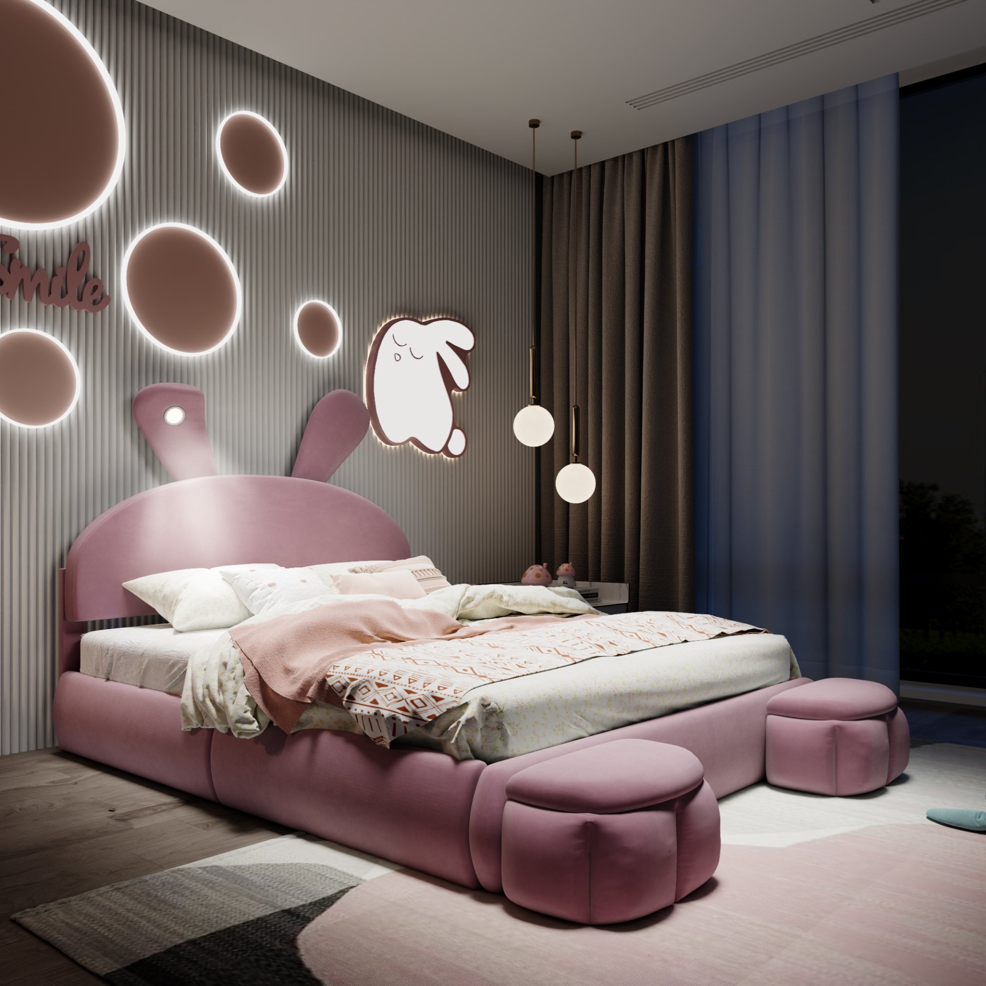 Full Size Upholstered Platform Bed With Cartoon Ears Headboard And Built In LED Light - Pink - Image 4