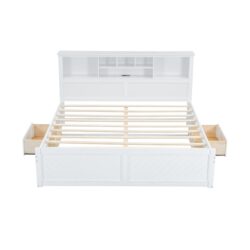 King Size Platform Bed With Multi Storage Headboard, USB And Drawers - White