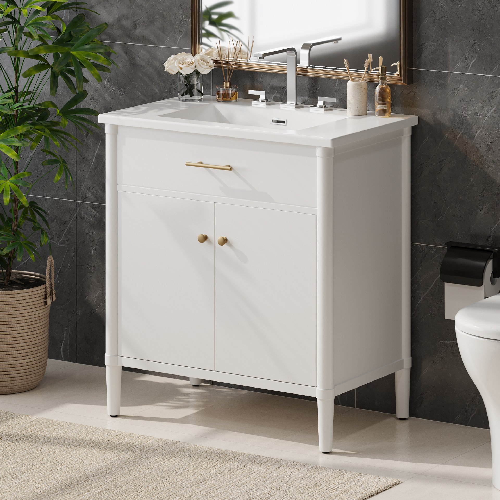Bathroom Vanity With Sink, Soft Close Doors And Adjustable Shelf, Curved Profile Design - White - Image 4