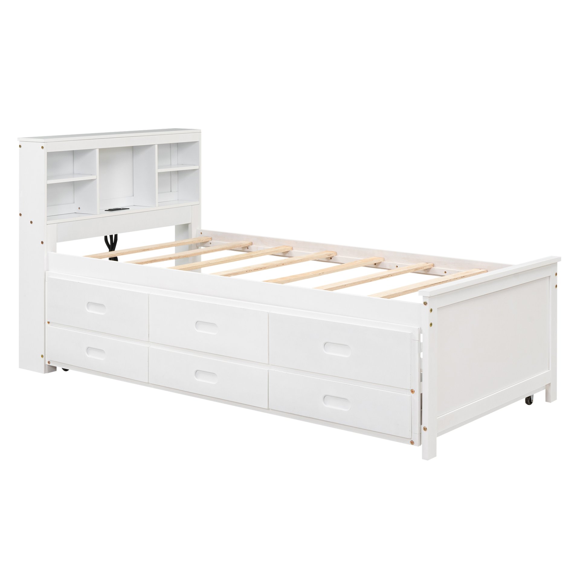 Twin Size Platform Bed With Storage Headboard, USB, Trundle And 3 Drawers - White - Image 10
