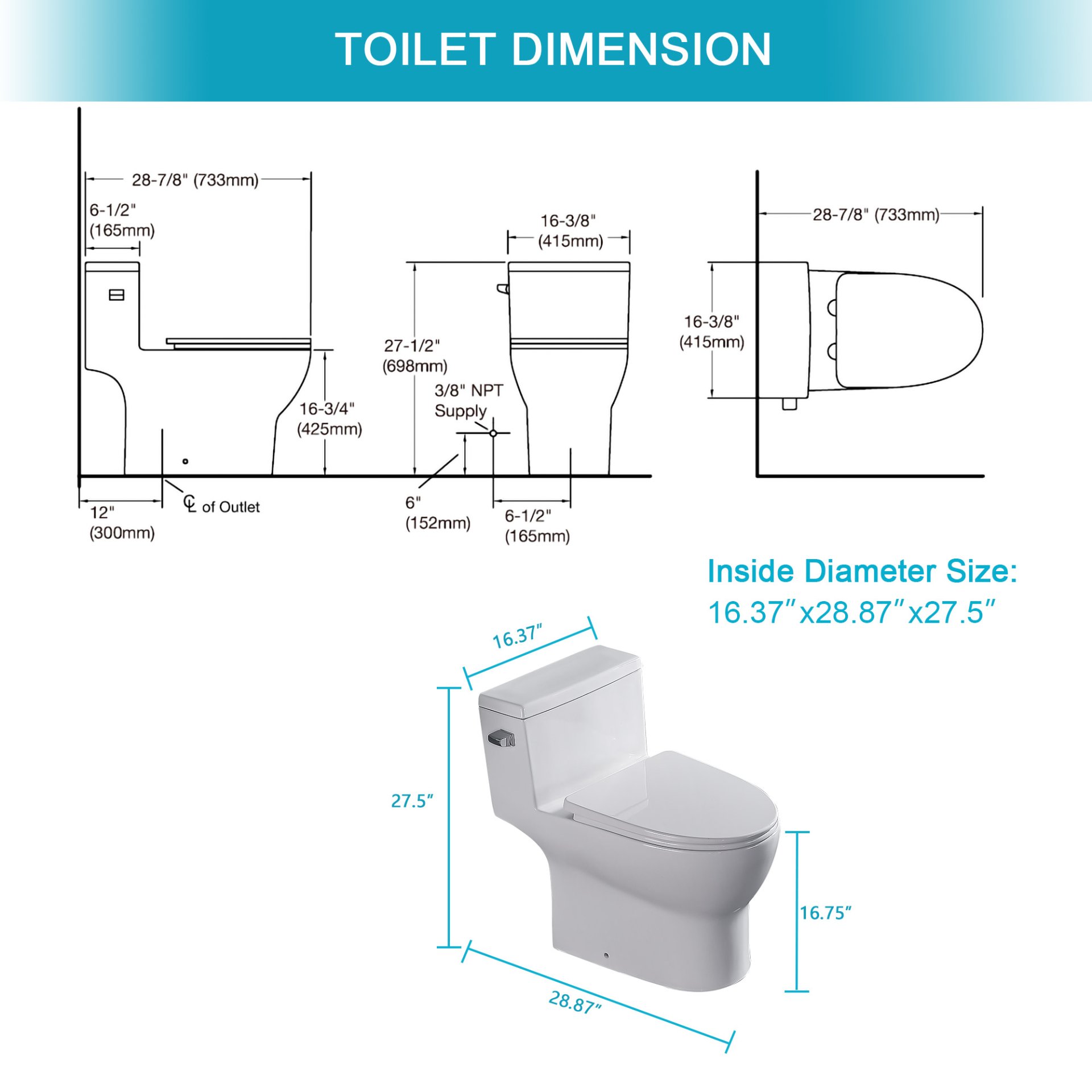 1 Piece Toilet, Soft Closing Seat - White - Image 3