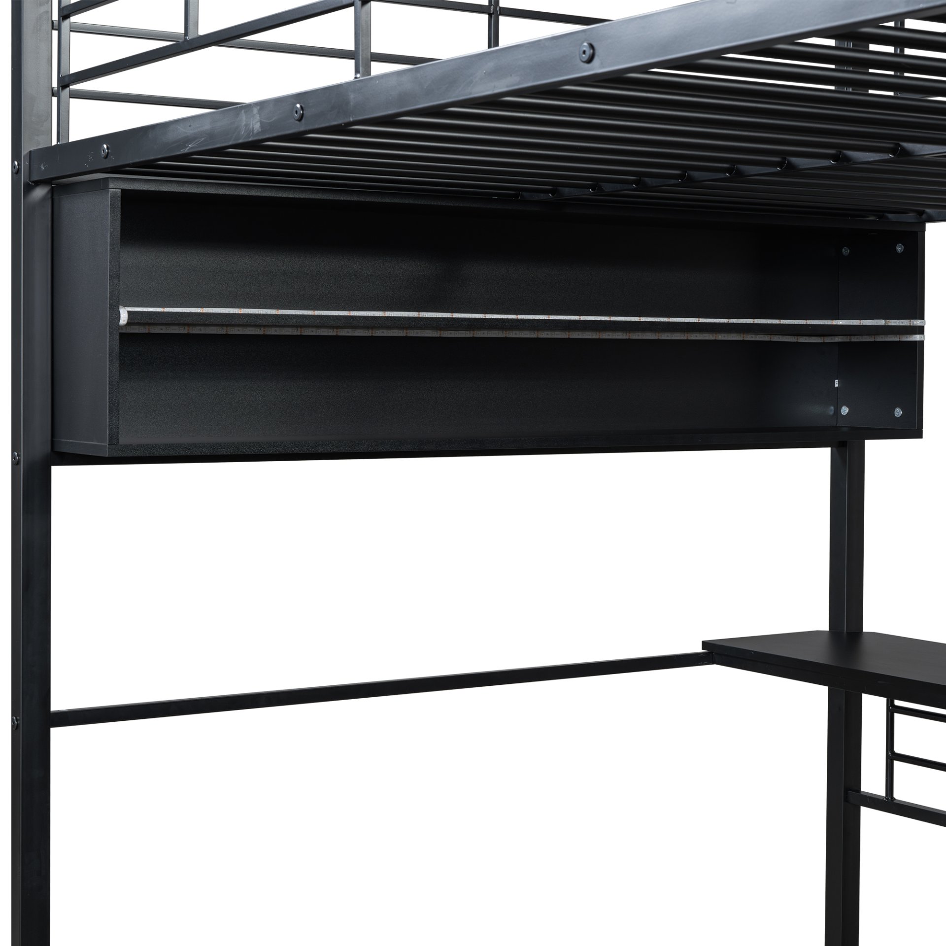 Full Size Loft Bed With LED Desk And 4 Storage Shelves - Black - Image 9