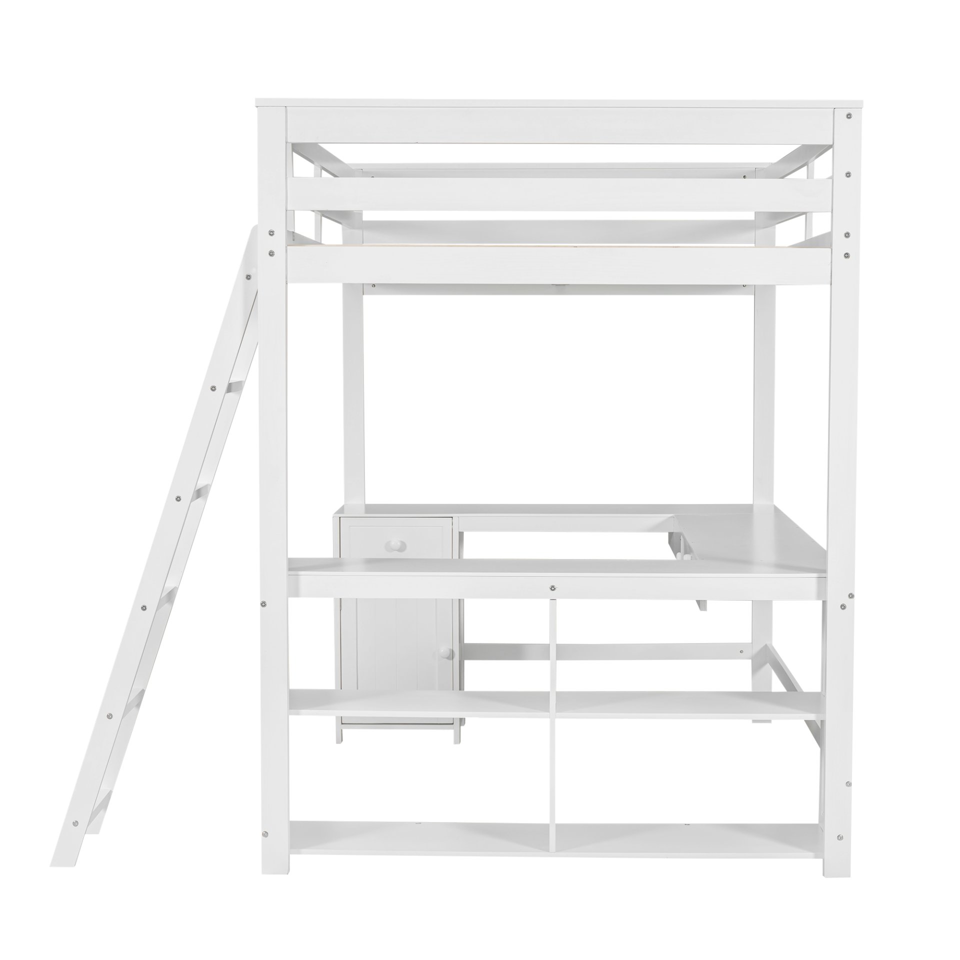 Full Size Loft Bed With U-Shaped Desk, Drawers, And Storage Shelves - White - Image 15