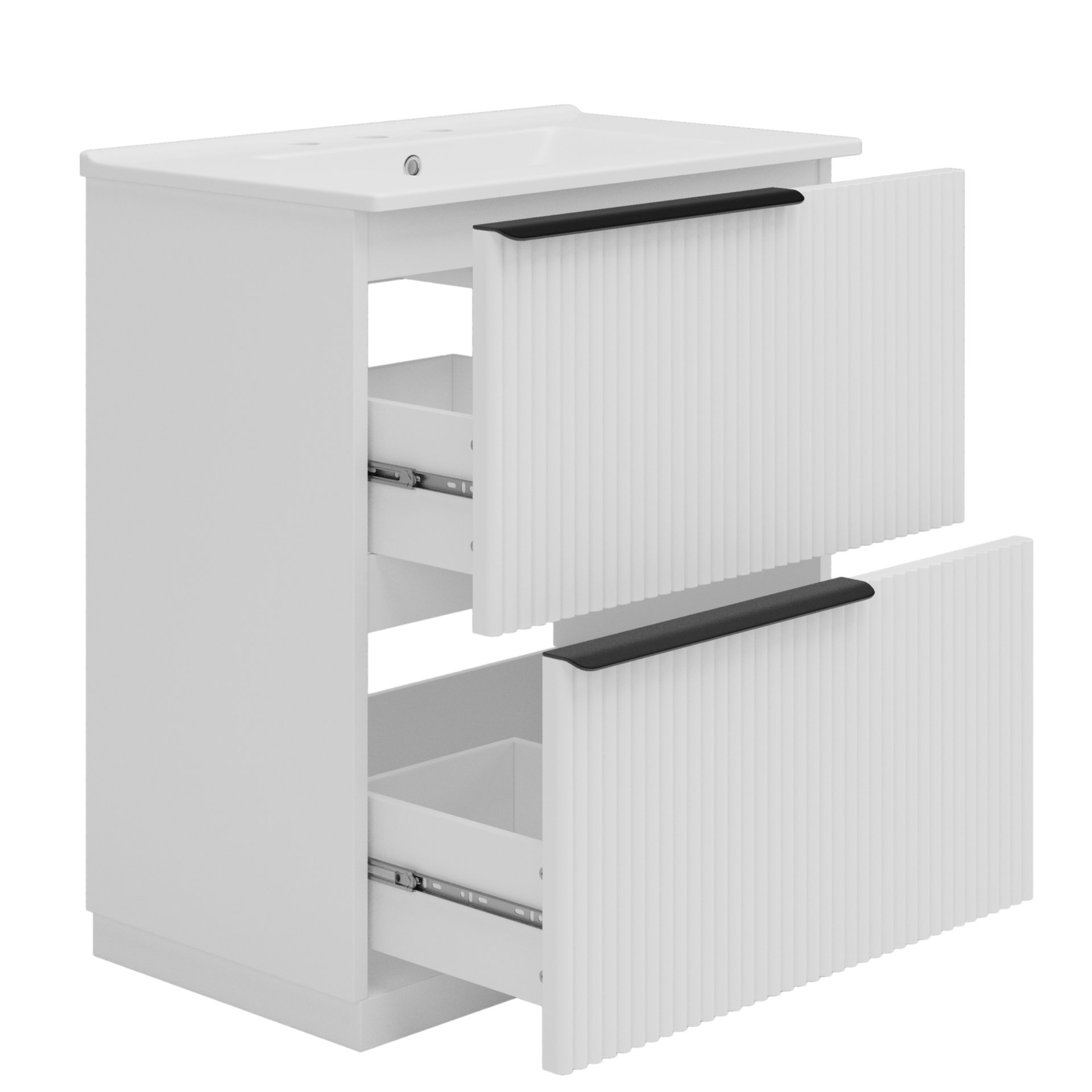 Fluted Bathroom Vanity With Sink, Full Extension Soft Close Drawers - White - Image 15