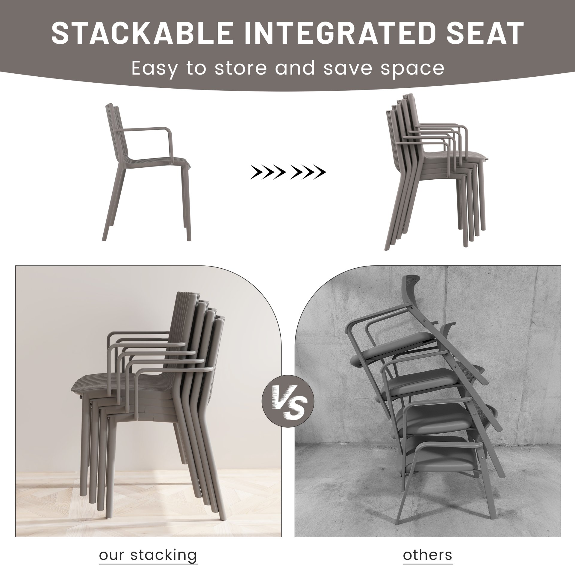 4 Piece Stackable Single Chairs With Vertical Stripe Design For All Weather - Warm Gray - Image 14