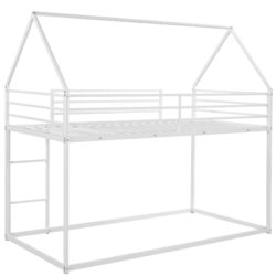 Twin Over Twin House Bunk Bed With Built In Ladder - White