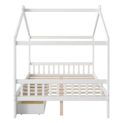 House Style Full Size Platform Bed With Headboard, Footboard, 2 Drawers, And Roof Design - White