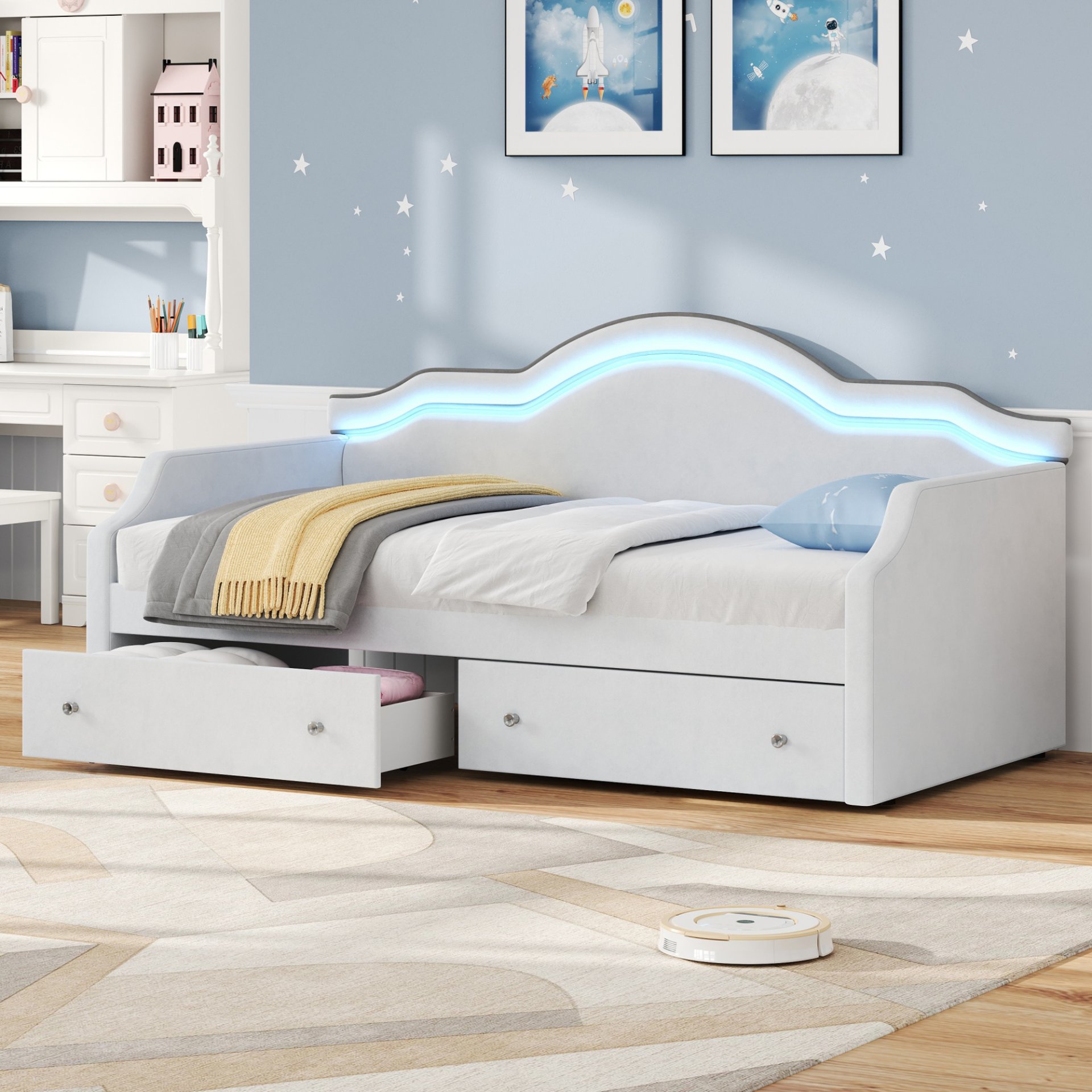 Twin Size Upholstered Daybed With LED Lights And 2 Drawers - Beige - Image 2