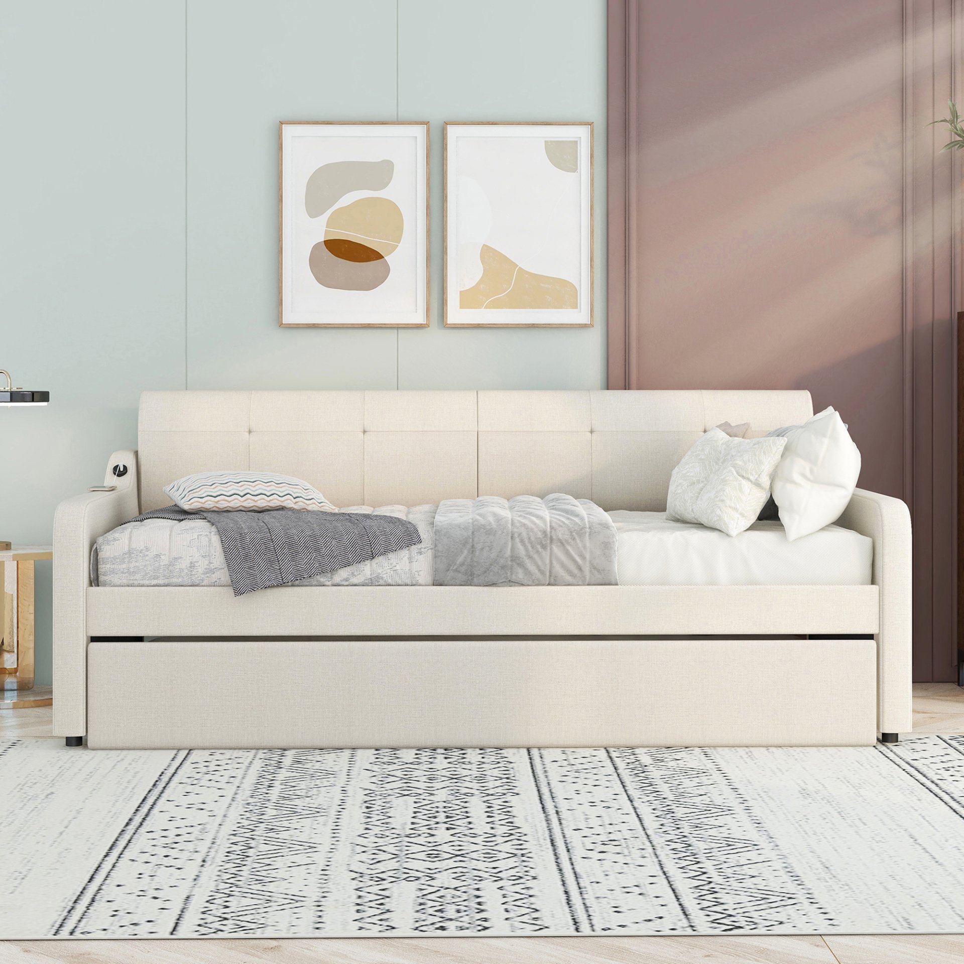 Twin Size Daybed With Trundle And USB Charging - Beige - Image 5
