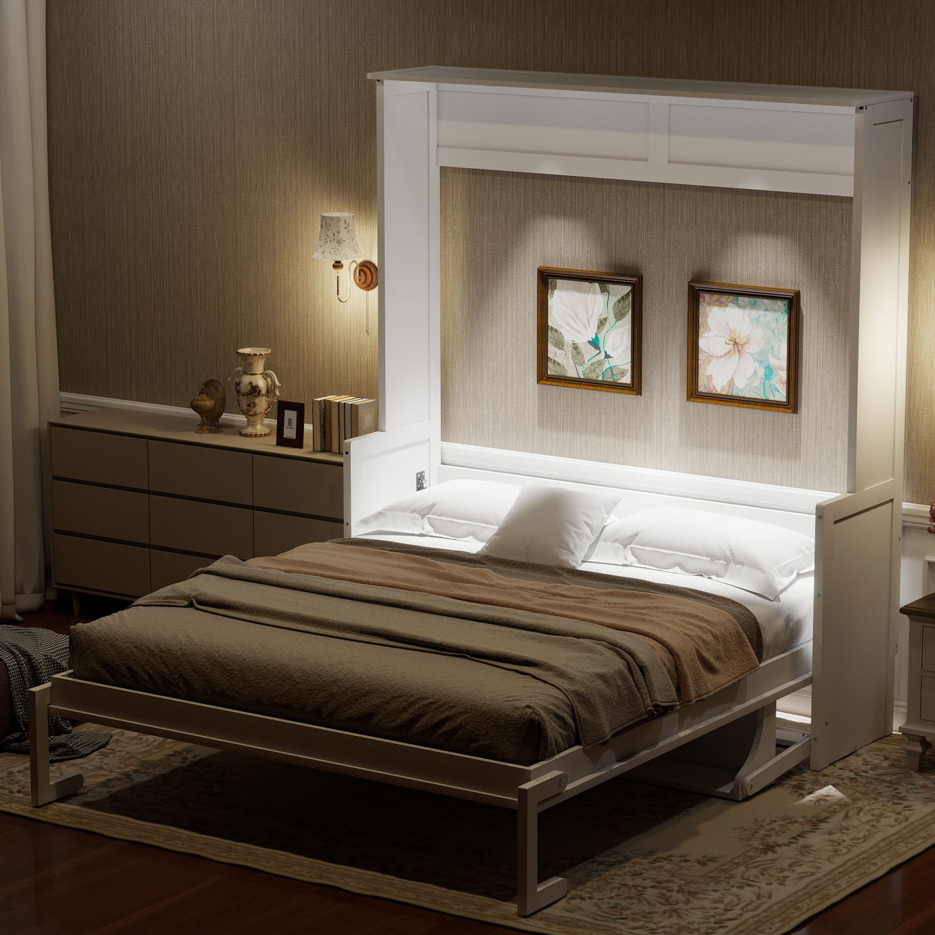 Queen Size Murphy Bed With Desk, LED Lights & USB Charging Station - White - Image 5