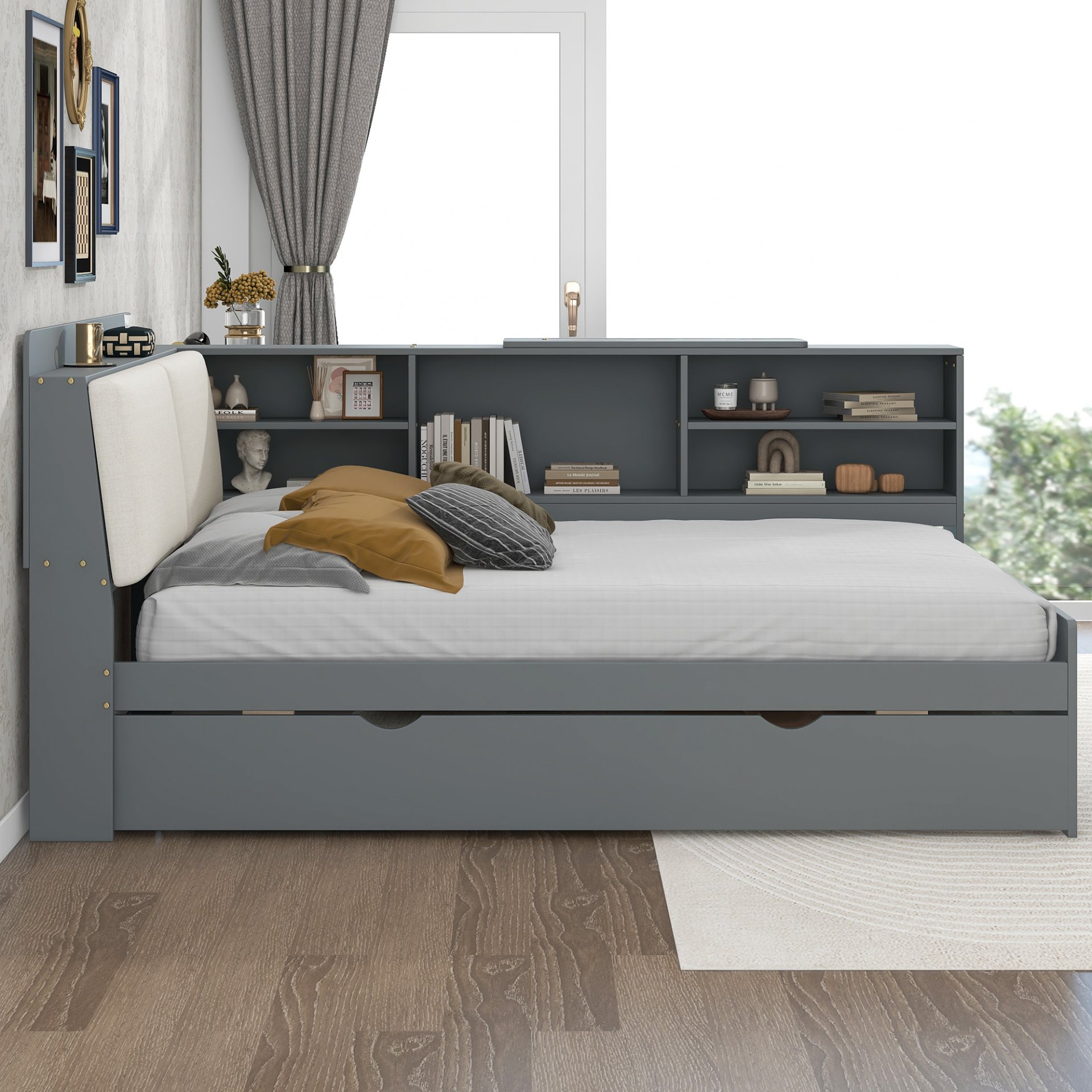 Full Size Platform Bed With Trundle, Shelves, And Storage Headboard - Gray - Image 6